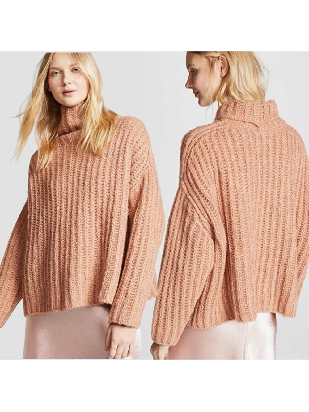 Free People Cozy Ribbed Mock-Neck Sweater in Dusty Rose